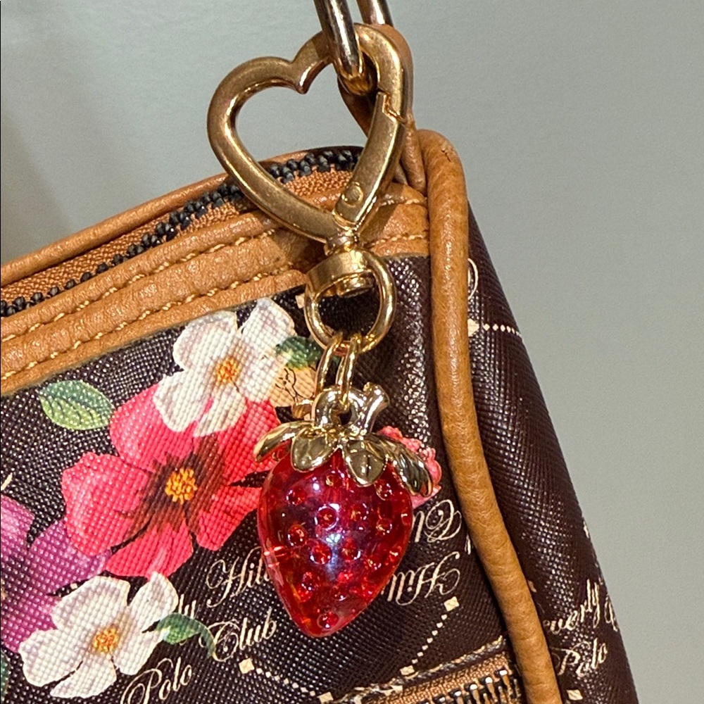 Beverly Hills Polo Club Brown, Pink Floral Shoulder Bag , Strawberry Key charm - Picture 5 of 11